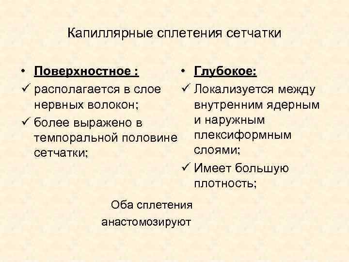 Капиллярные сплетения сетчатки • Поверхностное : • Глубокое: ü располагается в слое ü Локализуется