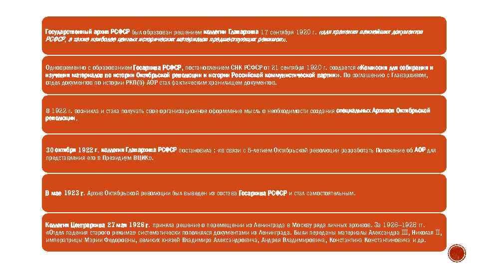 Государственный архив РСФСР был образован решением коллегии Главархива 17 сентября 1920 г. «для хранения