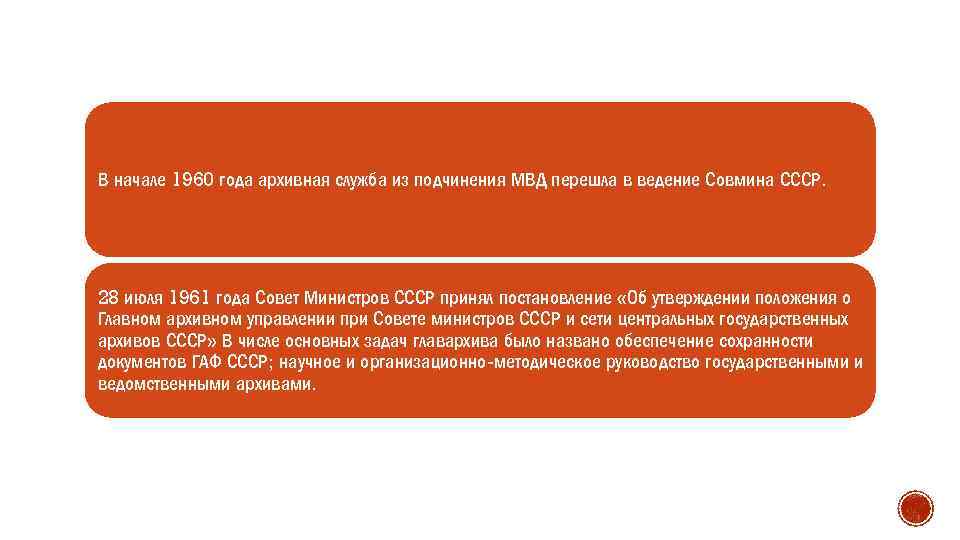 В начале 1960 года архивная служба из подчинения МВД перешла в ведение Совмина СССР.