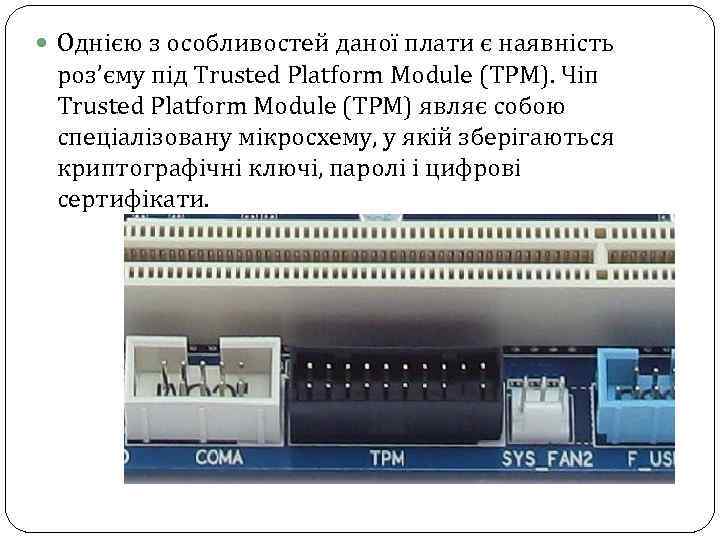  Однією з особливостей даної плати є наявність роз’єму під Trusted Platform Module (TPM).