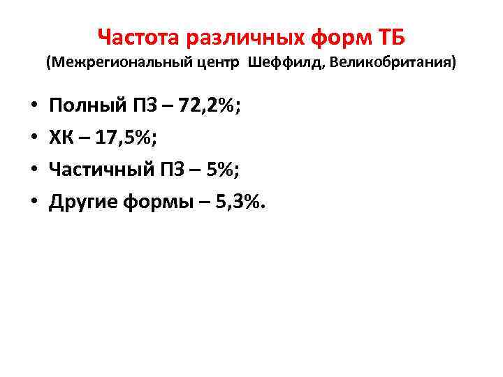 Частота различных форм ТБ (Межрегиональный центр Шеффилд, Великобритания) • • Полный ПЗ – 72,