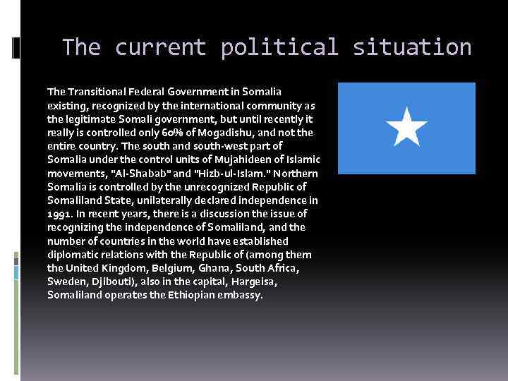 The current political situation The Transitional Federal Government in Somalia existing, recognized by the