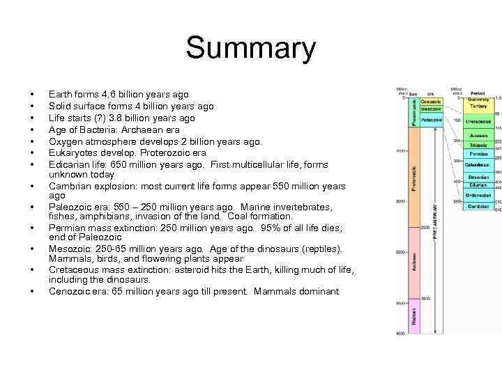 Summary • • • • Earth forms 4. 6 billion years ago Solid surface