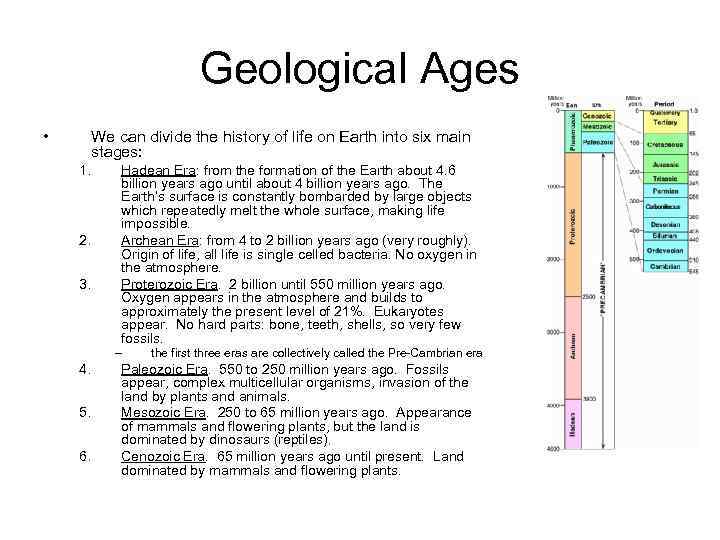 Geological Ages • We can divide the history of life on Earth into six