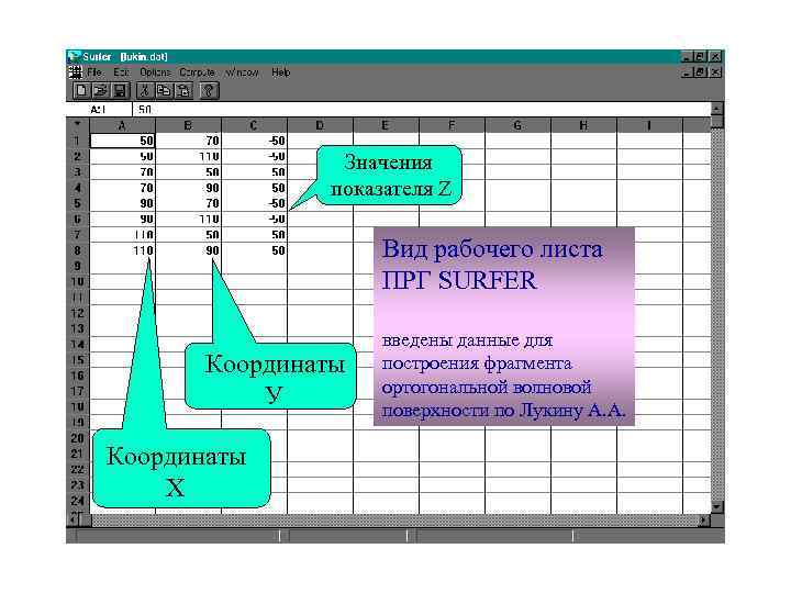 Значения показателя Z Вид рабочего листа ПРГ SURFER Координаты У Координаты Х введены данные