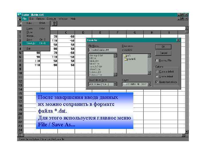 После завершения ввода данных их можно сохранить в формате файла *. dat. Для этого