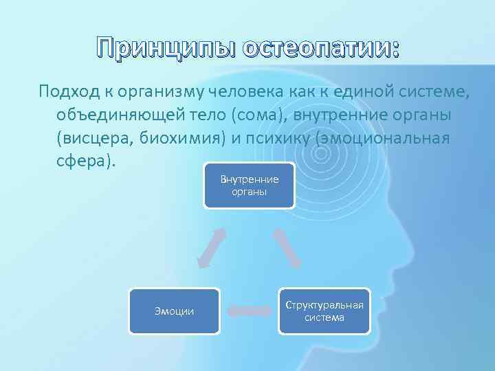 Принципы остеопатии: Подход к организму человека как к единой системе, объединяющей тело (сома), внутренние