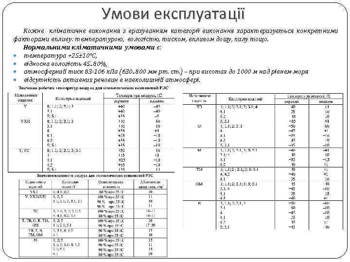 Умови експлуатації Кожне кліматичне виконання з врахуванням категорії виконання характеризується конкретними факторами впливу: температурою,