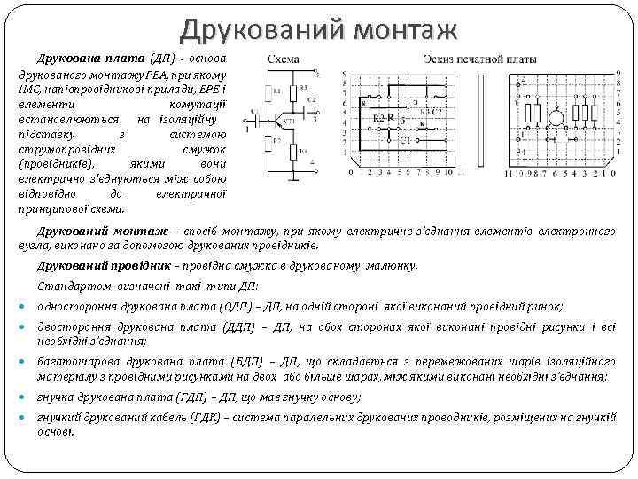 Друкований монтаж Друкована плата (ДП) - основа друкованого монтажу РЕА, при якому ІМС, напівпровідникові