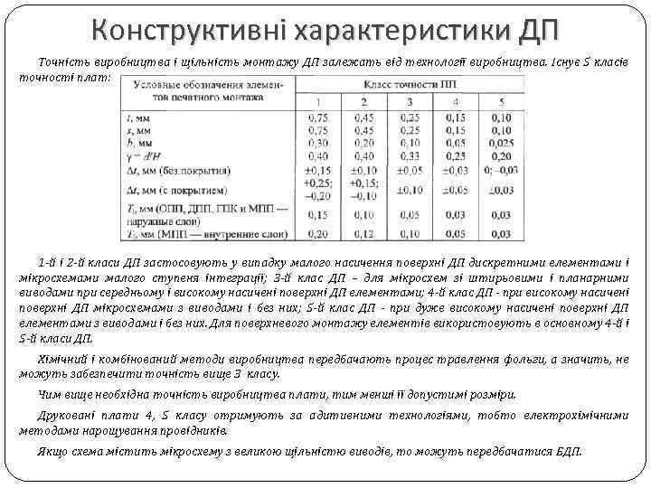 Конструктивні характеристики ДП Точність виробництва і щільність монтажу ДП залежать від технології виробництва. Існує