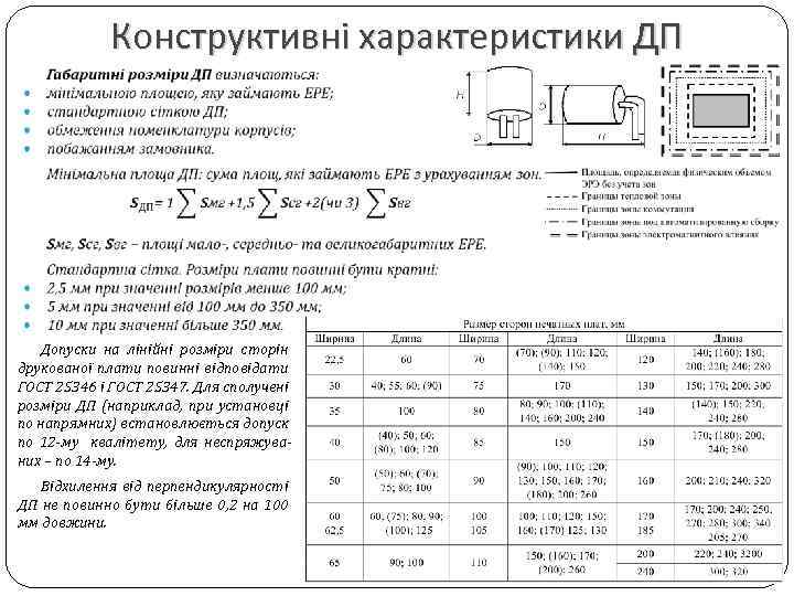 Конструктивні характеристики ДП Допуски на лінійні розміри сторін друкованої плати повинні відповідати ГОСТ 25346