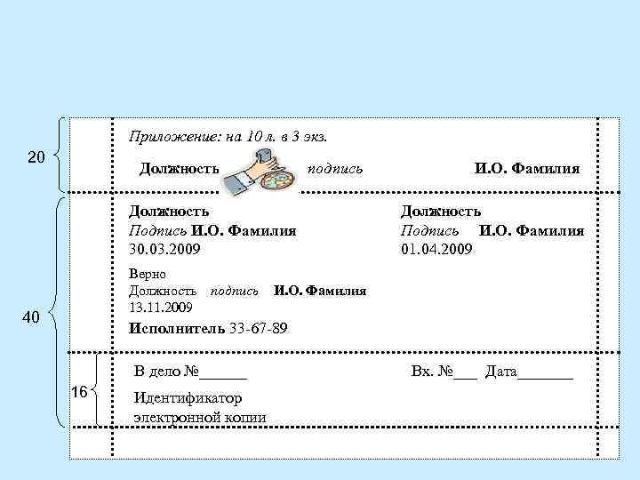 Приложение: на 10 л. в 3 экз. 20 Должность подпись Должность Подпись И. О.