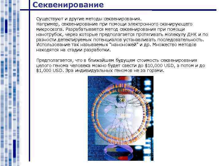 Секвенирование Существуют и другие методы секвенирования. Например, секвенирование при помощи электронного сканирующего микроскопа. Разрабатывается