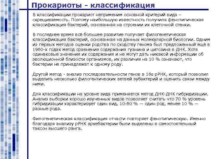 Прокариоты - классификация В классификации прокариот неприменим основной критерий вида – скрещиваемость. Поэтому наибольшую