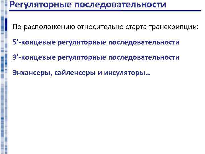 Регуляторные последовательности По расположению относительно старта транскрипции: 5’-концевые регуляторные последовательности 3’-концевые регуляторные последовательности Энхансеры,