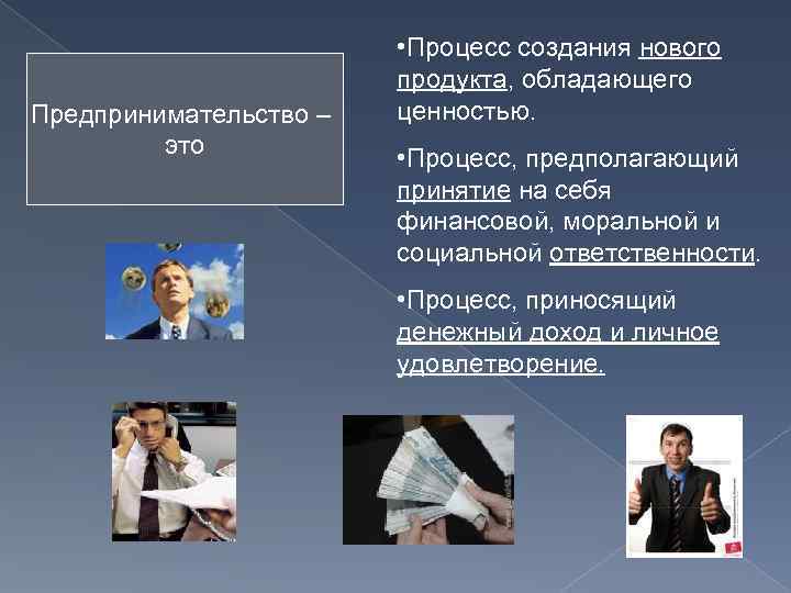 Предпринимательство – это • Процесс создания нового продукта, обладающего ценностью. • Процесс, предполагающий принятие