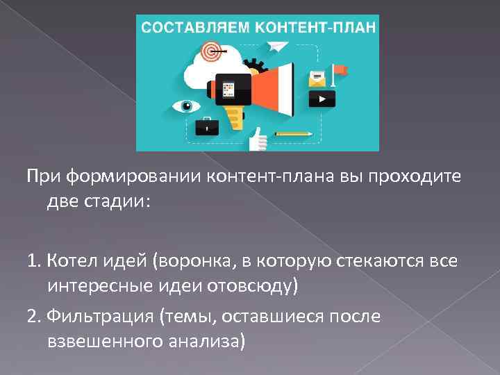 При формировании контент-плана вы проходите две стадии: 1. Котел идей (воронка, в которую стекаются