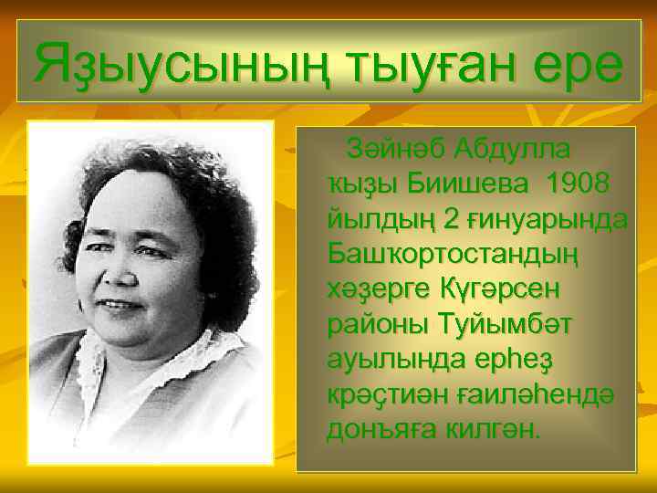 Яҙыусының тыуған ере Зәйнәб Абдулла ҡыҙы Биишева 1908 йылдың 2 ғинуарында Башҡортостандың хәҙерге Күгәрсен