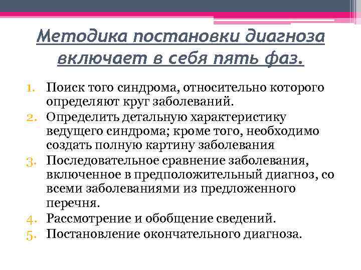Методика постановки диагноза включает в себя пять фаз. 1. Поиск того синдрома, относительно которого
