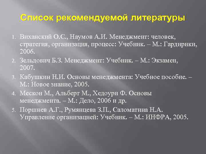 Список рекомендуемой литературы 1. 2. 3. 4. 5. Виханский О. С. , Наумов А.