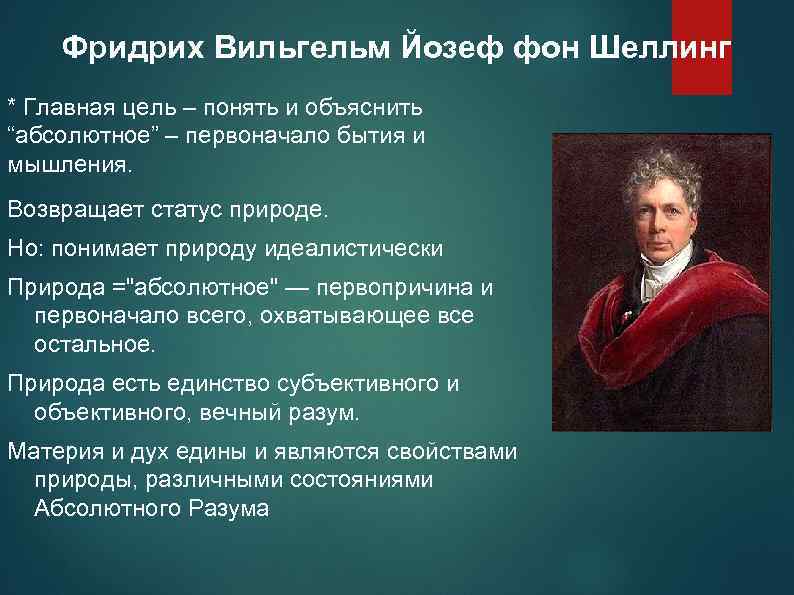 Фридрих Вильгельм Йозеф фон Шеллинг * Главная цель – понять и объяснить “абсолютное” –