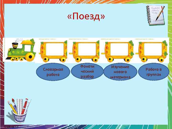  «Поезд» Словарная работа Фонети ческий разбор Изучение нового материала Работа в группах 