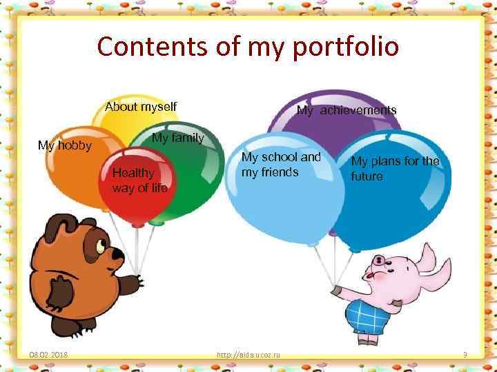Contents of my portfolio About myself My hobby My family Healthy way of life