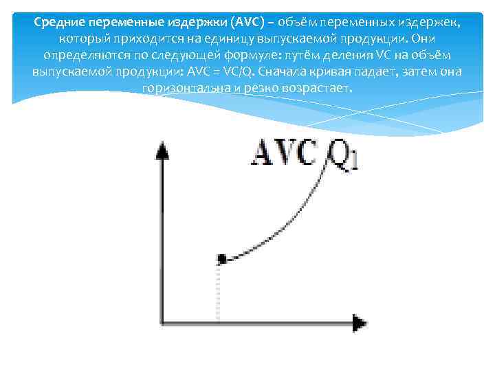 Средние переменные издержки (AVC) – объём переменных издержек, который приходится на единицу выпускаемой продукции.