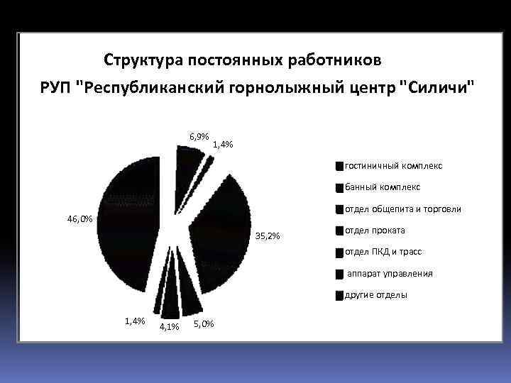 Структура постоянных работников РУП "Республиканский горнолыжный центр "Силичи" 6, 9% 1, 4% гостиничный комплекс