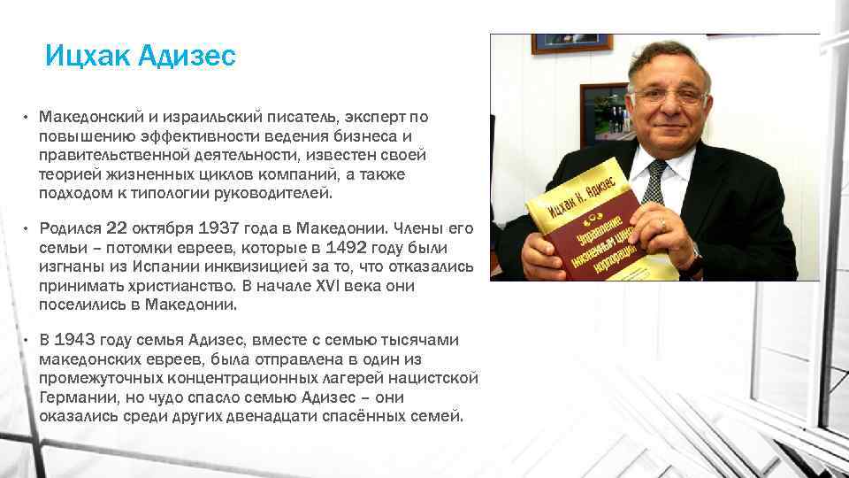 Ицхак Адизес • Македонский и израильский писатель, эксперт по повышению эффективности ведения бизнеса и