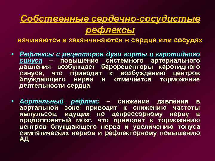 Собственные сердечно-сосудистые рефлексы начинаются и заканчиваются в сердце или сосудах • Рефлексы с рецепторов