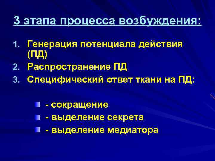 3 этапа процесса возбуждения: 1. Генерация потенциала действия (ПД) 2. Распространение ПД 3. Специфический