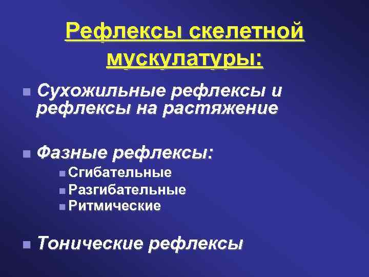 Рефлексы скелетной мускулатуры: Сухожильные рефлексы и рефлексы на растяжение Фазные рефлексы: Сгибательные Разгибательные Ритмические