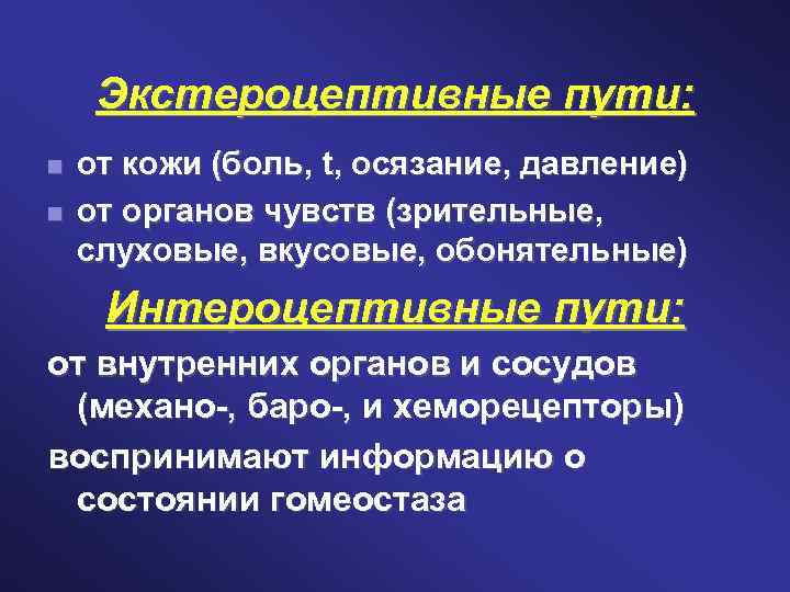 Экстероцептивные пути: от кожи (боль, t, осязание, давление) от органов чувств (зрительные, слуховые, вкусовые,