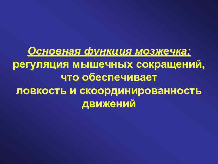 Основная функция мозжечка: регуляция мышечных сокращений, что обеспечивает ловкость и скоординированность движений 