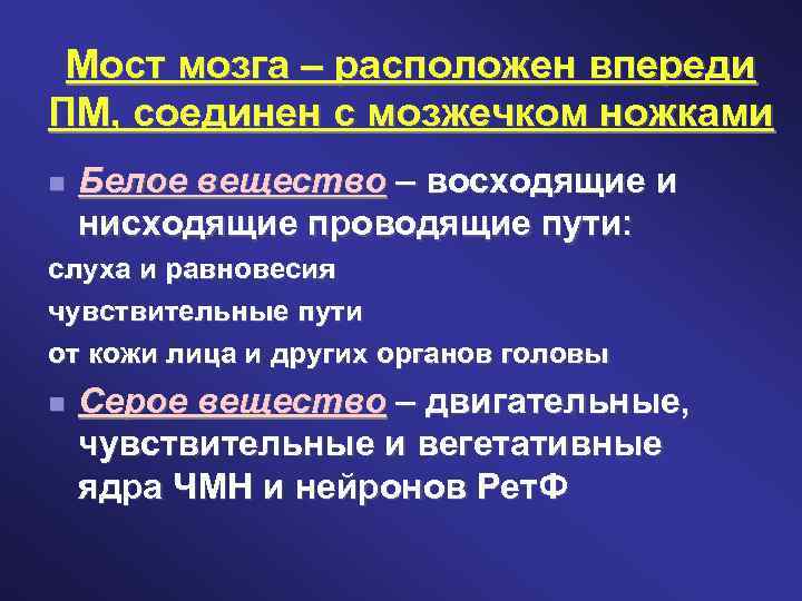 Мост мозга – расположен впереди ПМ, соединен с мозжечком ножками Белое вещество – восходящие