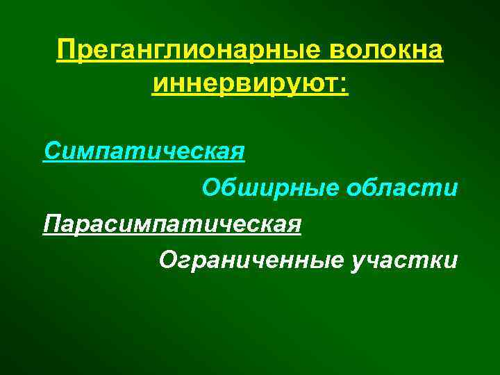 Преганглионарные волокна иннервируют: Симпатическая Обширные области Парасимпатическая Ограниченные участки 