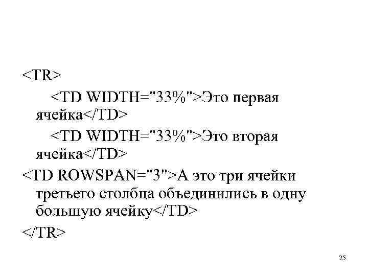 <TR> <TD WIDTH="33%">Этo первая ячейка</ТD> <TD WIDTH="33%">Это вторая ячейка</ТD> <TD ROWSPAN="3">A это три ячейки