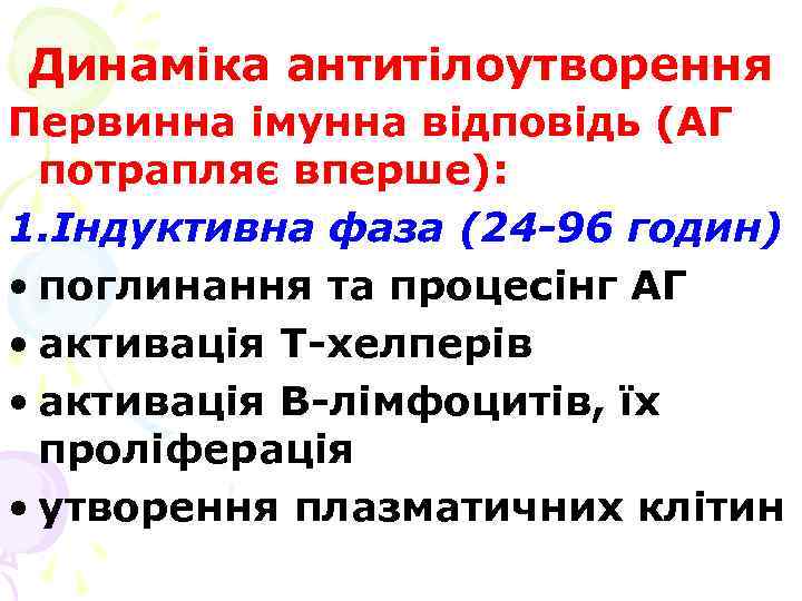 Динаміка антитілоутворення Первинна імунна відповідь (АГ потрапляє вперше): 1. Індуктивна фаза (24 -96 годин)