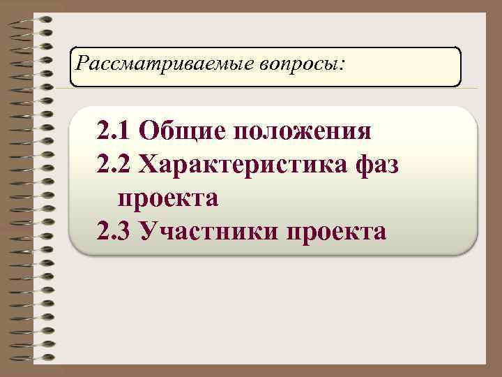 Рассматриваемые вопросы: 2. 1 Общие положения 2. 2 Характеристика фаз проекта 2. 3 Участники