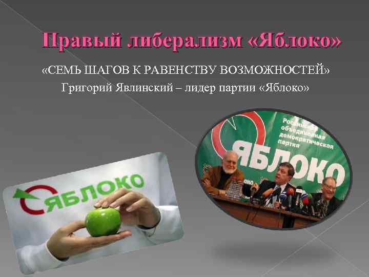 Правый либерализм «Яблоко» «СЕМЬ ШАГОВ К РАВЕНСТВУ ВОЗМОЖНОСТЕЙ» Григорий Явлинский – лидер партии «Яблоко»