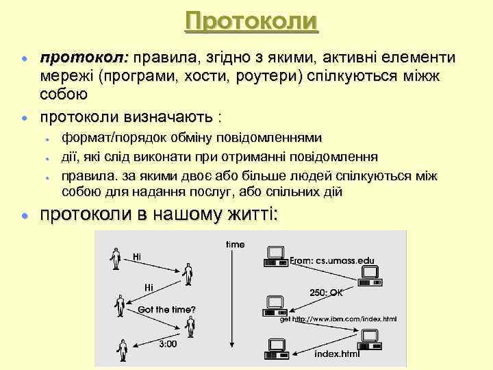 Протоколи протокол: правила, згідно з якими, активні елементи мережі (програми, хости, роутери) спілкуються міжж