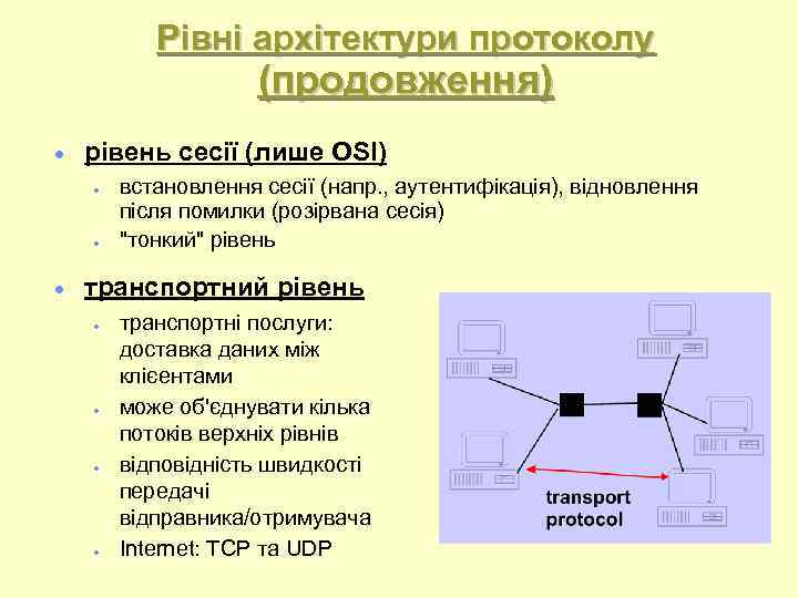 Рівні архітектури протоколу (продовження) рівень сесії (лише OSI) встановлення сесії (напр. , аутентифікація), відновлення