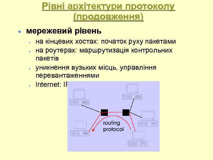 Рівні архітектури протоколу (продовження) мережевий рівень на кінцевих хостах: початок руху пакетами на роутерах: