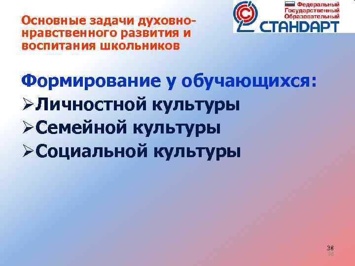 Основные задачи духовнонравственного развития и воспитания школьников Формирование у обучающихся: ØЛичностной культуры ØСемейной культуры