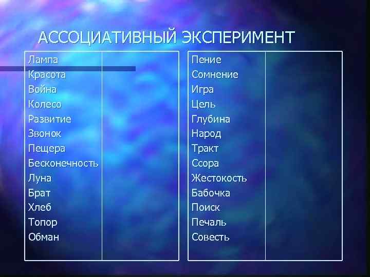 АССОЦИАТИВНЫЙ ЭКСПЕРИМЕНТ Лампа Красота Война Колесо Развитие Звонок Пещера Бесконечность Луна Брат Хлеб Топор