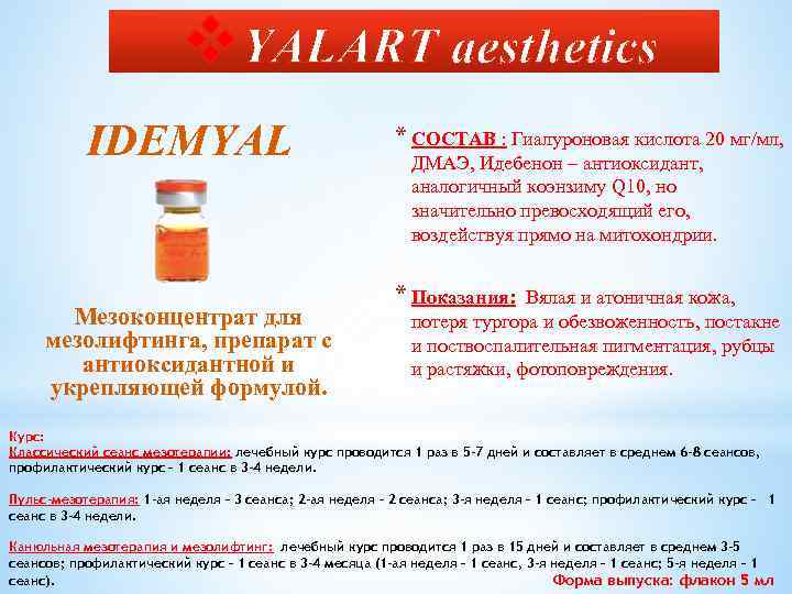 v. YALART aesthetics IDEMYAL Мезоконцентрат для мезолифтинга, препарат с антиоксидантной и укрепляющей формулой. *