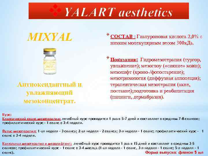 v. YALART aesthetics MIXYAL * СОСТАВ : Гиалуроновая кислота 2, 0% с низким молекулярным