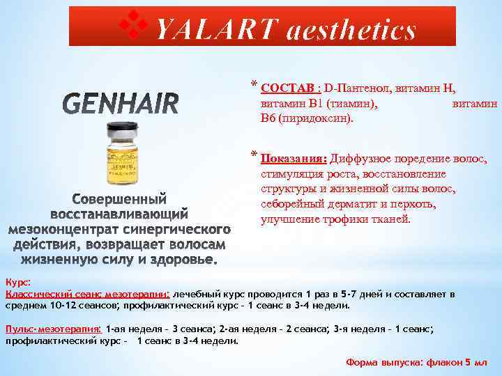 v. YALART aesthetics * СОСТАВ : D-Пантенол, витамин Н, витамин B 1 (тиамин), B