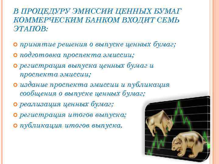 В ПРОЦЕДУРУ ЭМИССИИ ЦЕННЫХ БУМАГ КОММЕРЧЕСКИМ БАНКОМ ВХОДИТ СЕМЬ ЭТАПОВ: принятие решения о выпуске